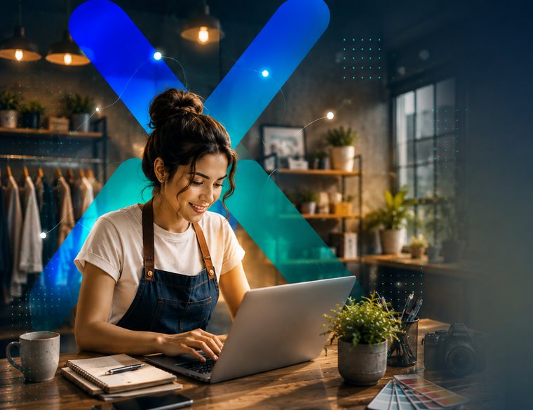 Emprendedora comenzando su negocio, trabajando en su laptop